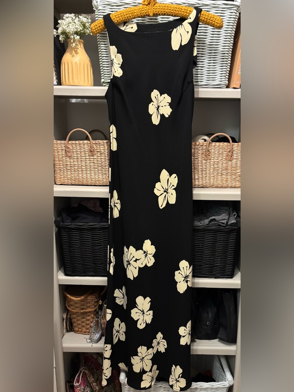 S.L. Fashions Black Maxi Dress with Cream Floral Hibiscus Print